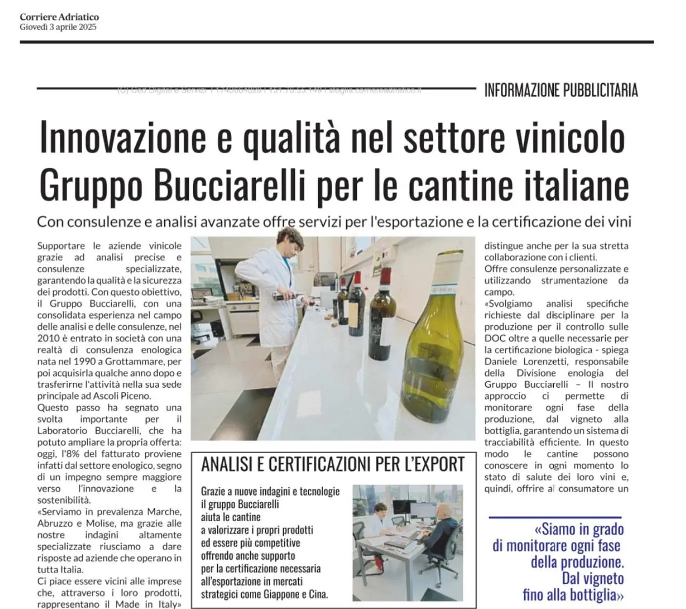 Corriere Adriatico - 03/04/2025 - Innovazione e qualità nel settore vinicolo - Gruppo Bucciarelli per le cantine italiane